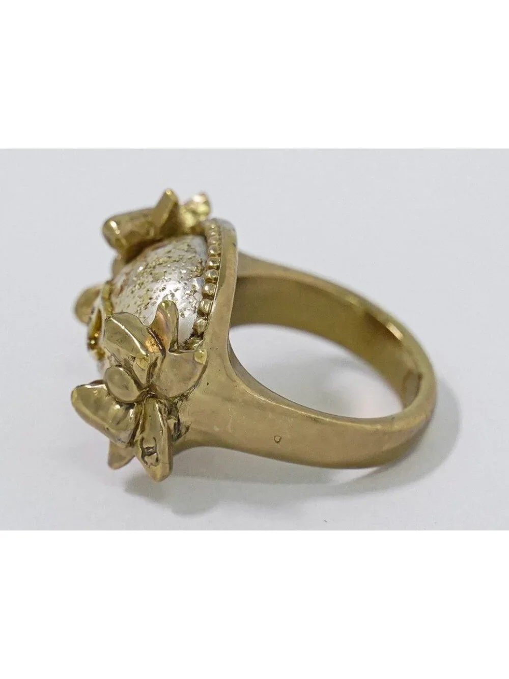 Chanel CC Logo Faux Pearl Ribbon Ring Gold Plated White
